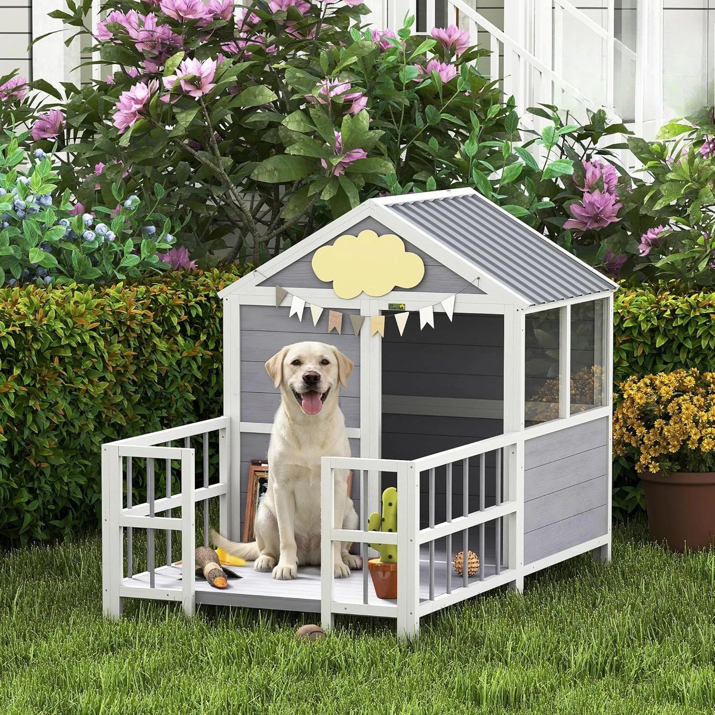 Dog House Outdoor Indoor, 61" x 41" x 47" Wooden Dog Shelter with Porch, Weatherproof Roof, Elevated Floor, Air, Customized