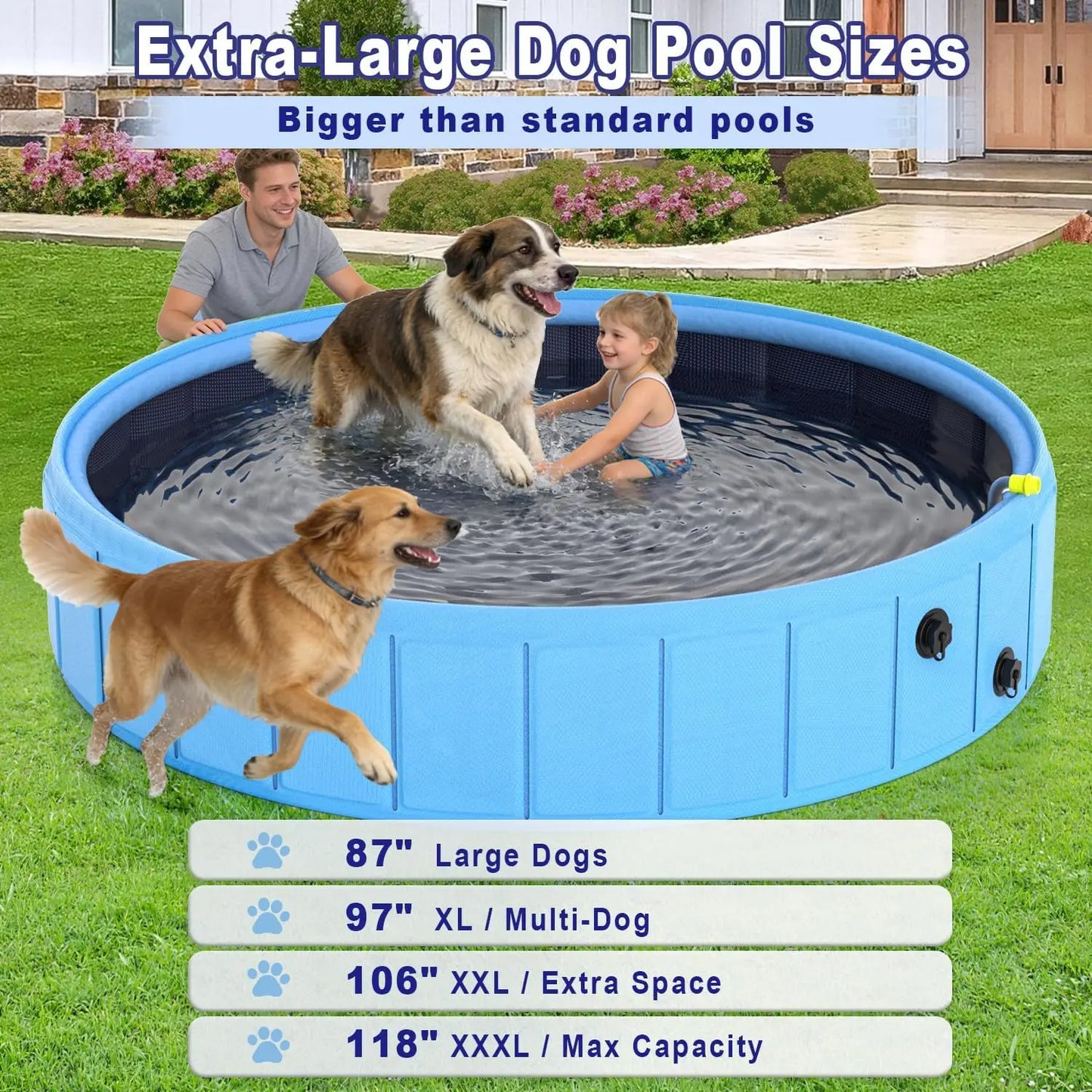 Foldable Dog Pool with Sprinkler, 106" Extra Large Non-Slip Swimming Pool for Dogs, 2-in-1 Outdoor Pet Bathing Tub with Drain Plug