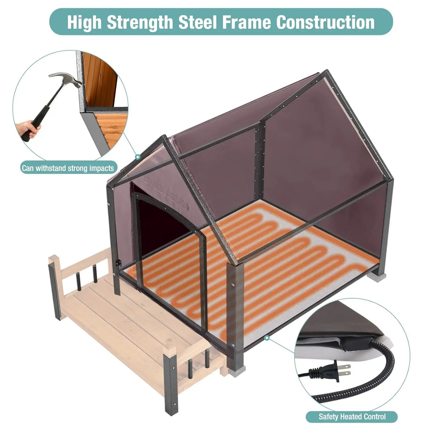 Insulated Heated Dog House Weatherproof Outdoor Kennel Chew-Resistant Iron Frame Asphalt Roof Wood XL Custom