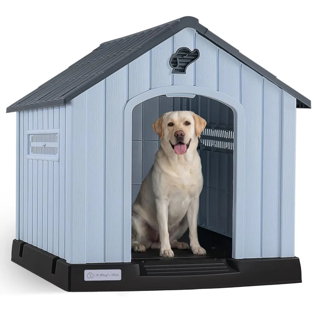 Large Plastic Dog House for Medium Large Dogs, Durable Waterproof Indoor Outdoor Doghouse with Air Vents and Elevated Floor