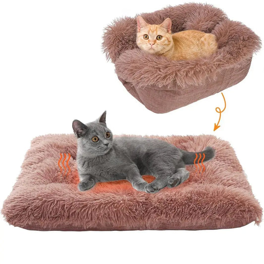 2-in-1 Heated Pet Bed, Plush Washable Mat for Cats & Small Dogs, Brown, 28x24
