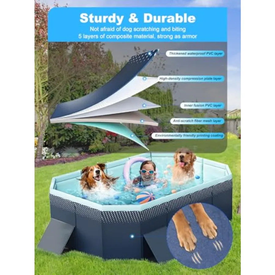 Backyard kiddie pool for kids and dogs: large foldable hard plastic square pool, 83 L x 55 W x 22 H, blue, reinforced sidewalls