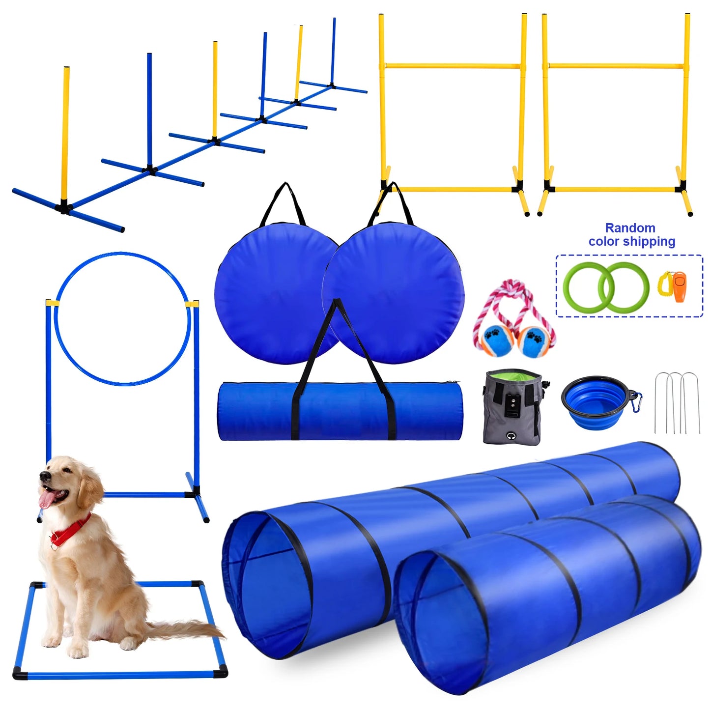 Dog Agility Course Backyard Set Dog Training Kit with 2 Tunnels, Hoop Jump, 2 Hurdle Jumps, 6 Weave Poles, Pause Box, Whistle