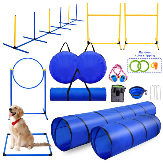 Dog Agility Course Backyard Set Dog Training Kit with 2 Tunnels, Hoop Jump, 2 Hurdle Jumps, 6 Weave Poles, Pause Box, Whistle