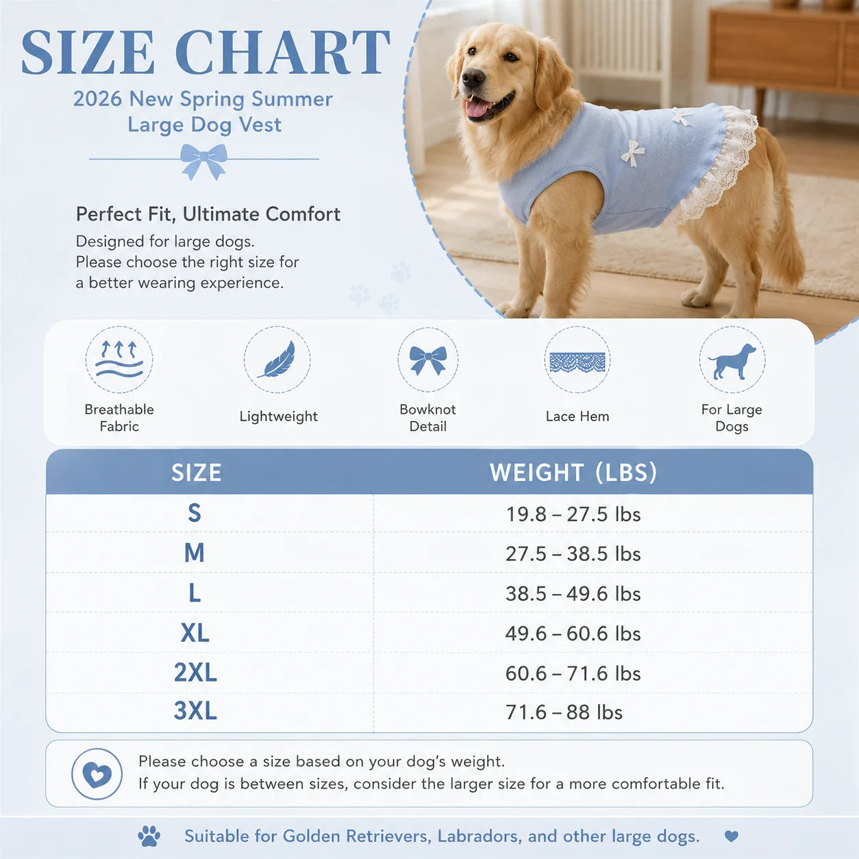 Cute Light Blue Dog Vest Shirt with Lace Hem and Bowknots, Spring Summer Outfit for Large Dogs, Labrador, Golden Retriever