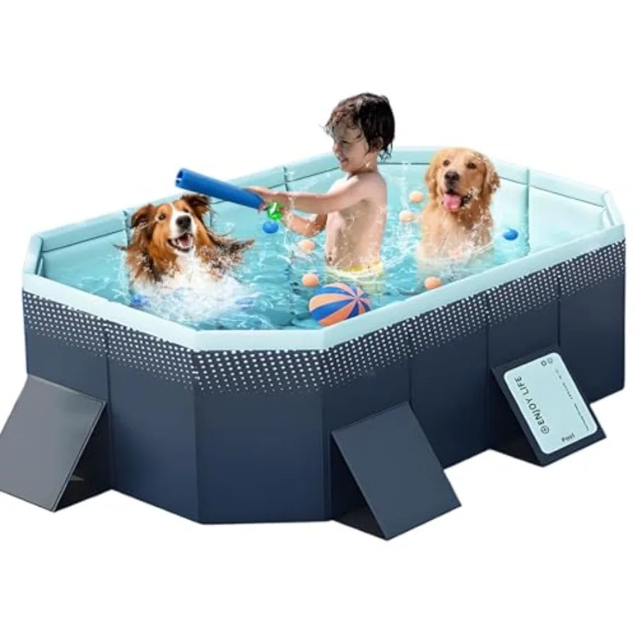 Backyard kiddie pool for kids and dogs: large foldable hard plastic square pool, 83 L x 55 W x 22 H, blue, reinforced sidewalls