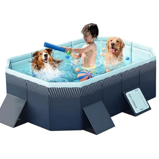 Backyard kiddie pool for kids and dogs: large foldable hard plastic square pool, 83 L x 55 W x 22 H, blue, reinforced sidewalls