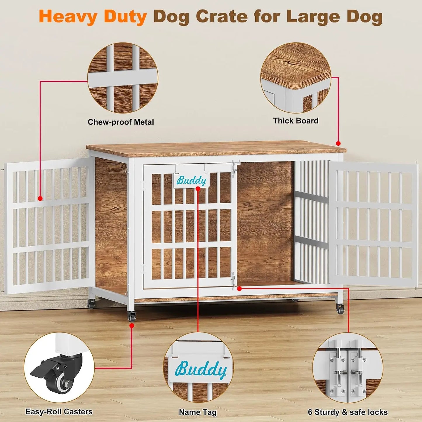 48"/42"/33" XXL Heavy Duty Dog Crate Furniture with Casters, Dog Kennel Indoor for Large Dogs, Escape-Proof and, Customized