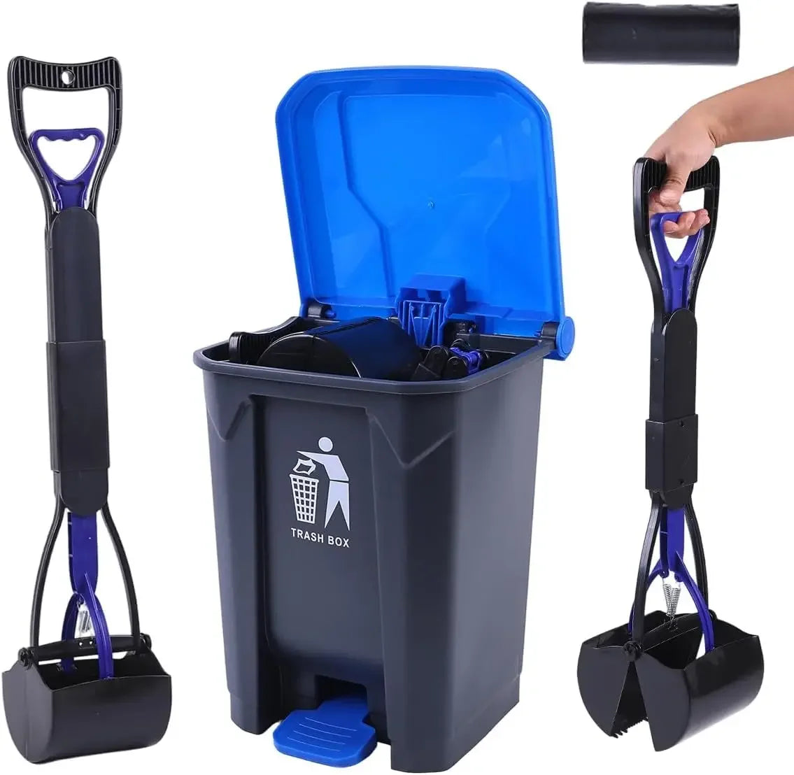 Pooper Scooper 2 Pack with 20 Litre Step Dog Poop Trash Can, 28" Long Handle Dog Poop Scoopers for Large Small Dogs Heavy Duty,