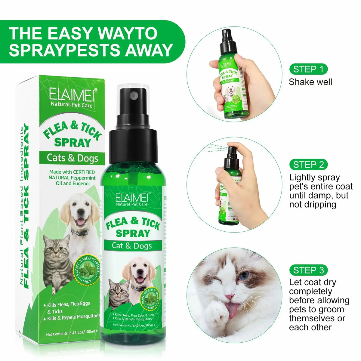 100ml Natural Pet Care Topical Flea&Tick Spray Remover for Dogs&Cats w ...