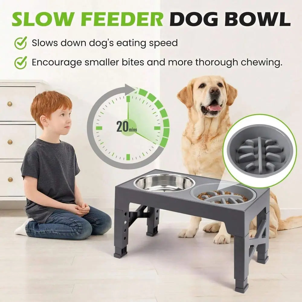 Dog Bowl Dog SuppliesDog Bowls, 5 Adjustable Heights Raised Dog Bowl Stand, With 2 Stainless Steel Dog Food Bowls And 1 Slow Fee