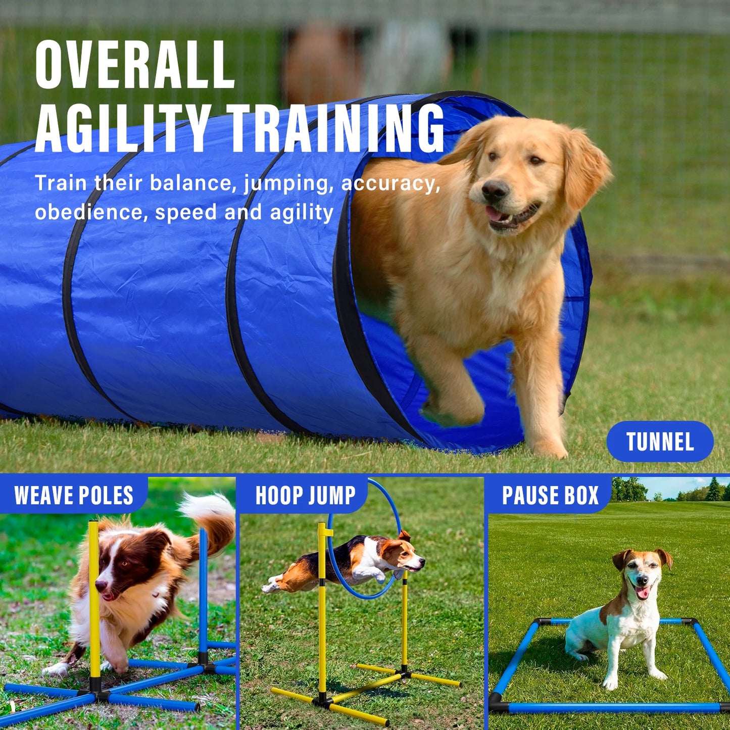 Dog Agility Course Backyard Set Dog Training Kit with 2 Tunnels, Hoop Jump, 2 Hurdle Jumps, 6 Weave Poles, Pause Box, Whistle
