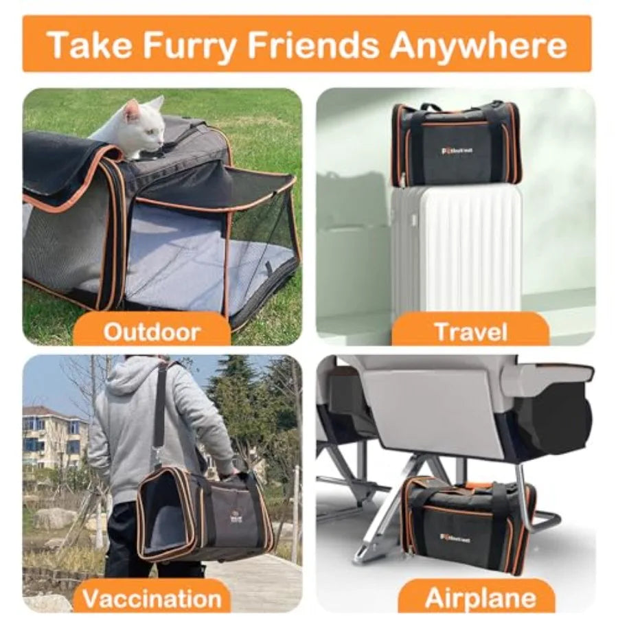 TSA Airline Approved Expandable Pet Carrier 17x11x11 5-Side Entry Soft-Sided Collapsible Cat Dog Carrier up to 15 lbs with Allo