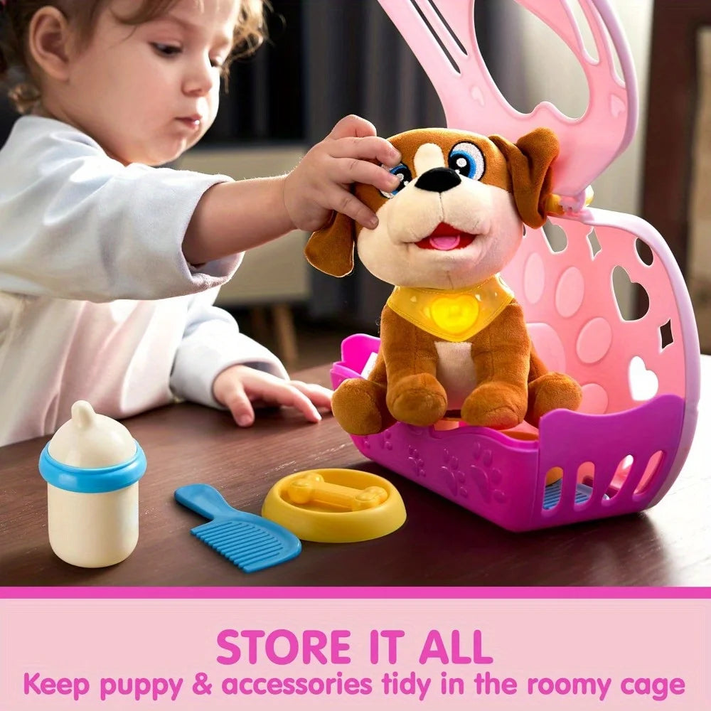JOYFY Play Puppy Dog Toys with Carrier & Accessories Plush Dog with Interactive Button Lights Sounds or Kids Birthday Gifts