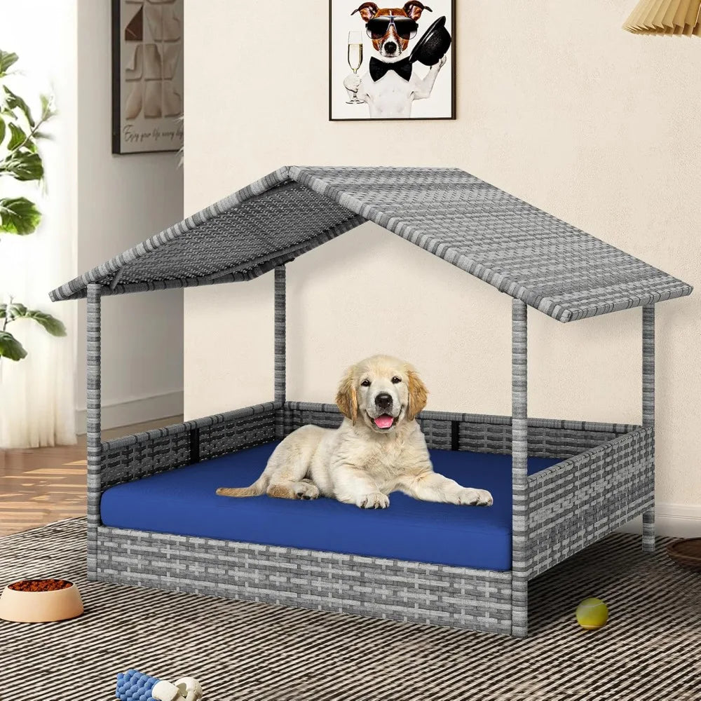 Large Wicker Dog House with Cushion Outdoor Indoor Rattan Doghouse Elevated Raised Dog Bed with Canopy Water Unaffected