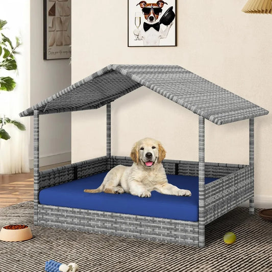Large Wicker Dog House with Cushion Outdoor Indoor Rattan Doghouse Elevated Raised Dog Bed with Canopy Water Unaffected