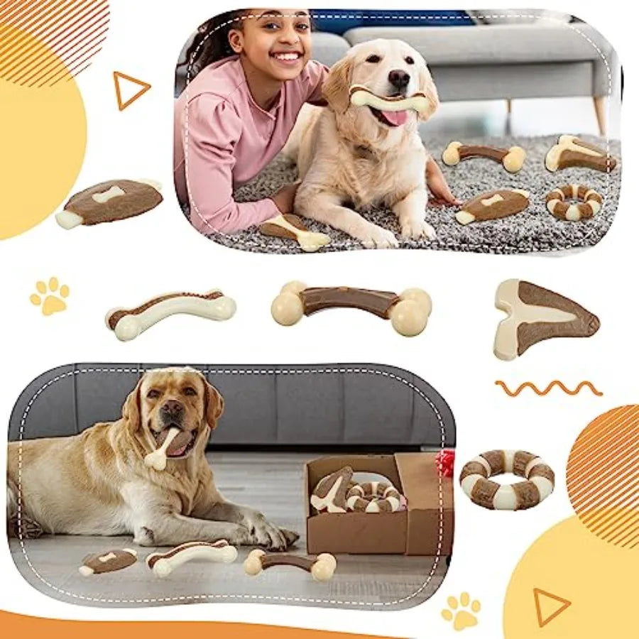 6 Pieces Chew Toys for Aggressive Chewers Real Beef Flavor Dog Teething Chew Bones for Breed Puppies Pet Toy with Durable Nylon