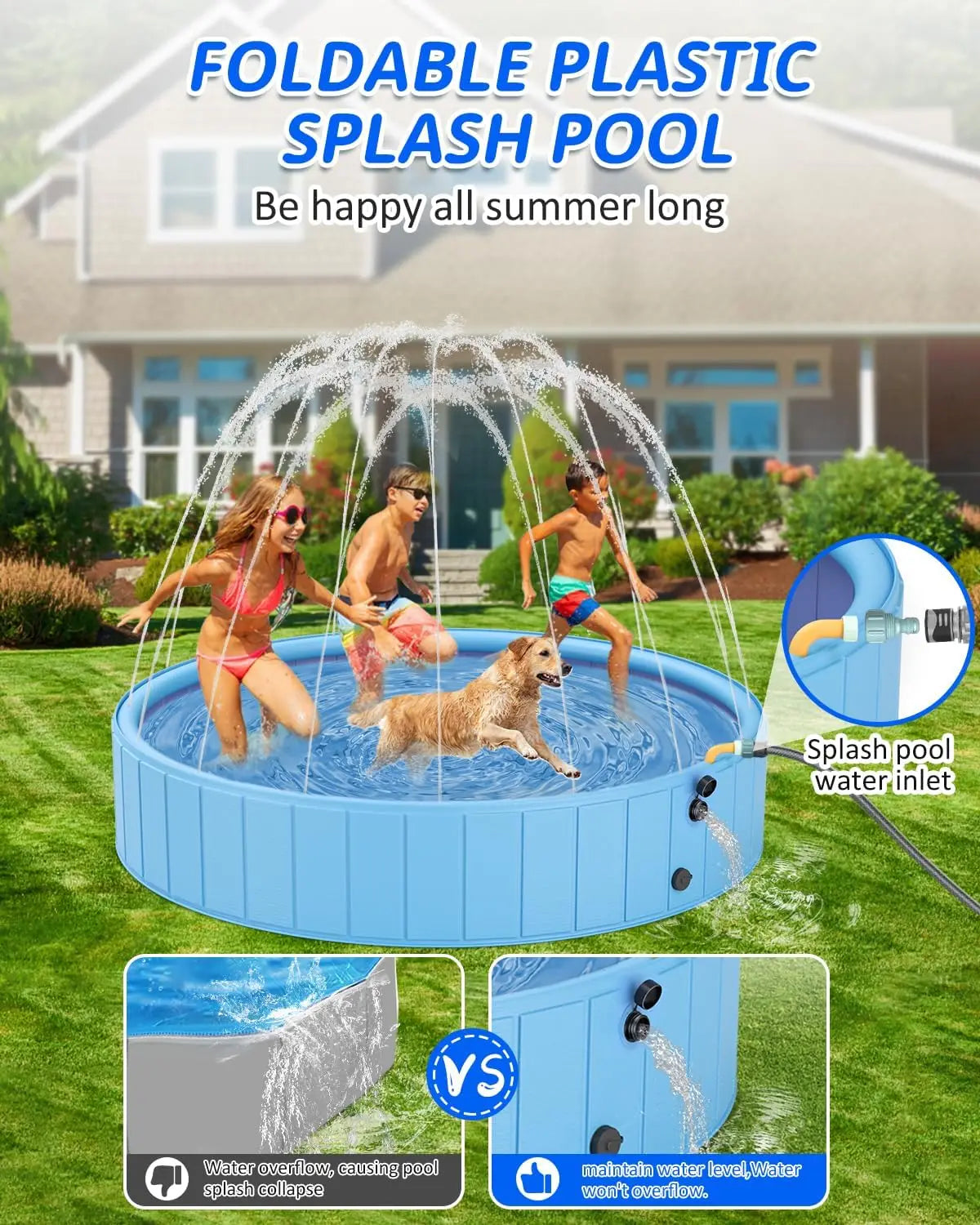 2-in-1 Sprinkler Pool for Kids and Large Dogs, Non-Slip Outdoor Backyard Swimming Pool 70" x 12"