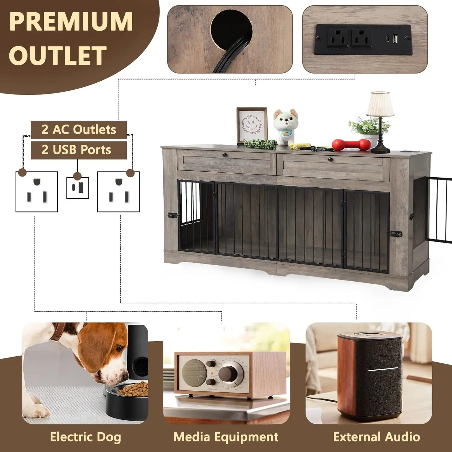 Large Heavy Duty Wooden Dog Crate Furniture End Table with Charging Station & Drawers for Indoor Pet House, 70.86'', Custom