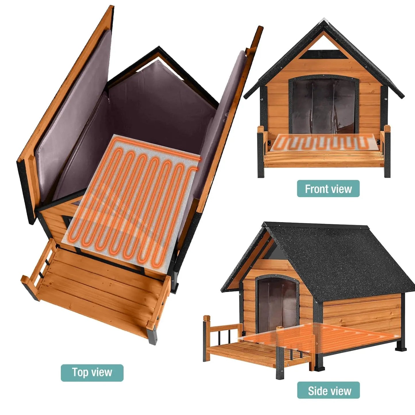 Insulated Heated Dog House Weatherproof Outdoor Kennel Chew-Resistant Iron Frame Asphalt Roof Wood XL Custom
