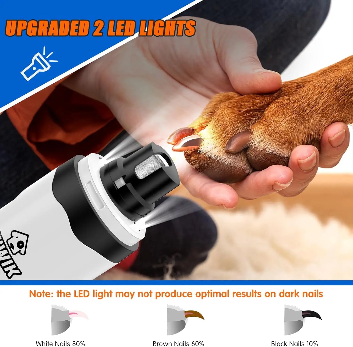 Electric Pet Nail Trimmer with Light, Quiet 2-Speed Grinder for Dogs & Cats, Grooming Supplies for All Sizes