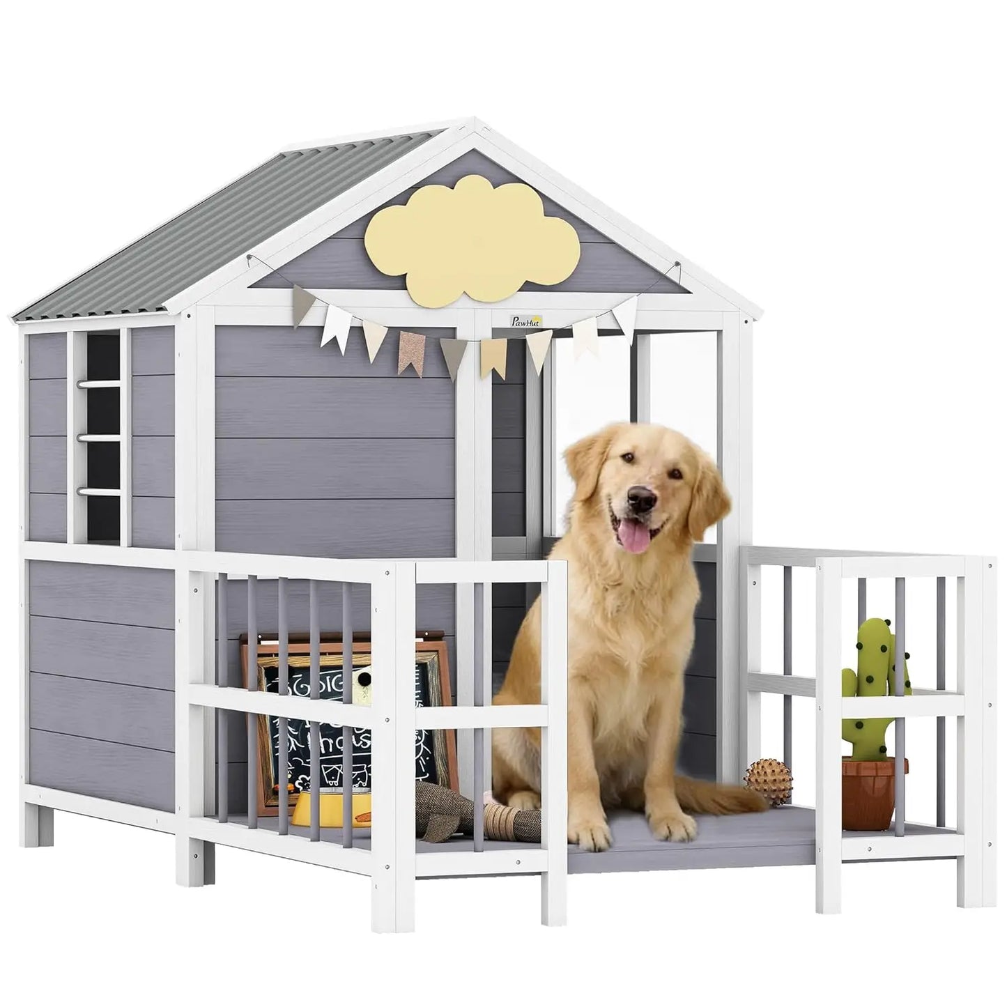 Dog House Outdoor Indoor, 61" x 41" x 47" Wooden Dog Shelter with Porch, Weatherproof Roof, Elevated Floor, Air, Customized