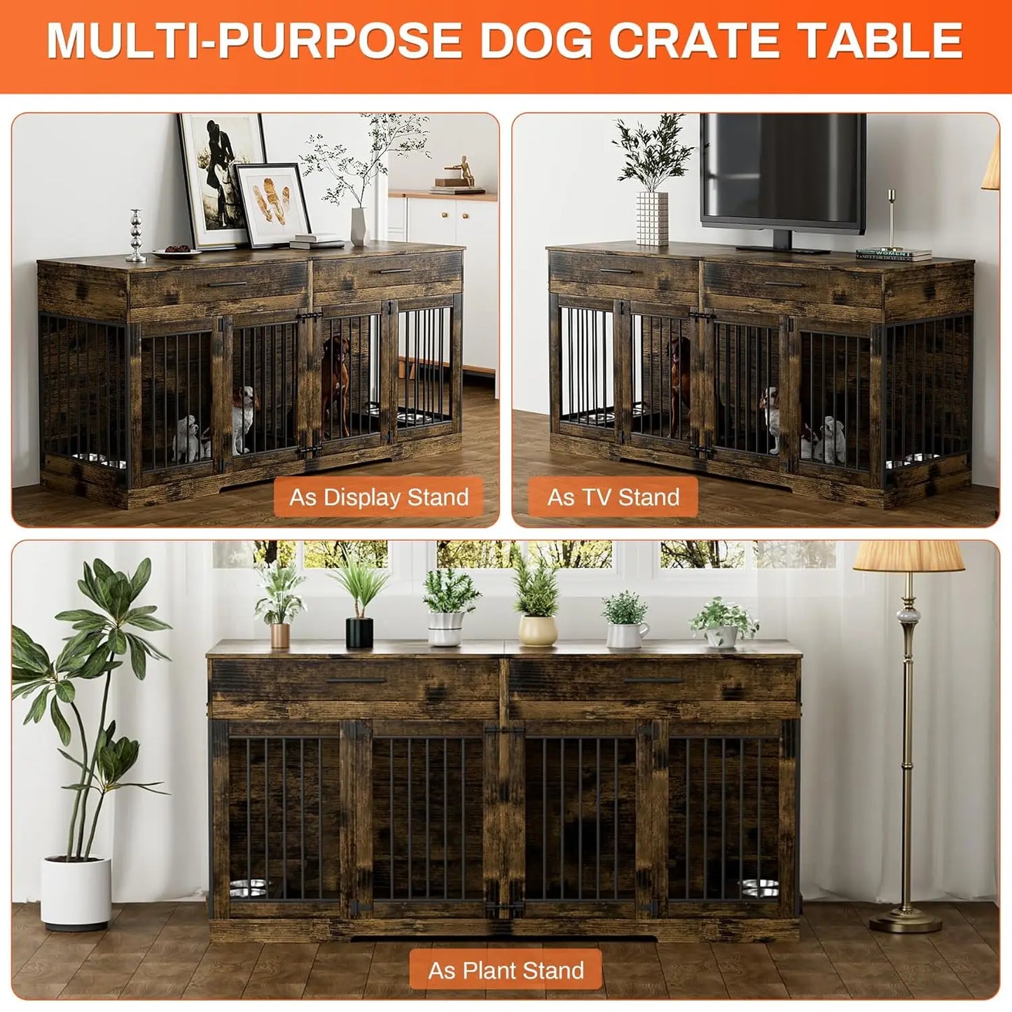 72" Double Dog Crate Furniture with Drawers & Bowls, Wooden Kennel Divider, Indoor Pet House TV Stand Medium Dogs, Custom
