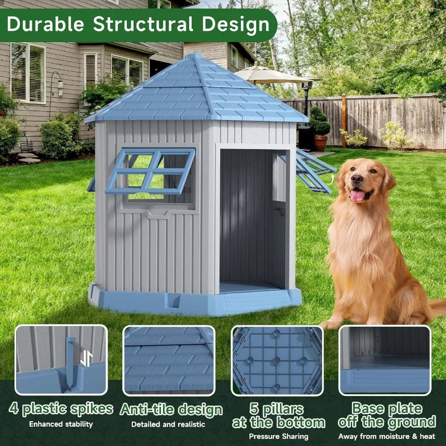 Dog House Outdoor Resin Puppy Shelter with Air Vents and Elevated Floor Sturdy Durable Waterproof Dog Kennel for Small Medium L