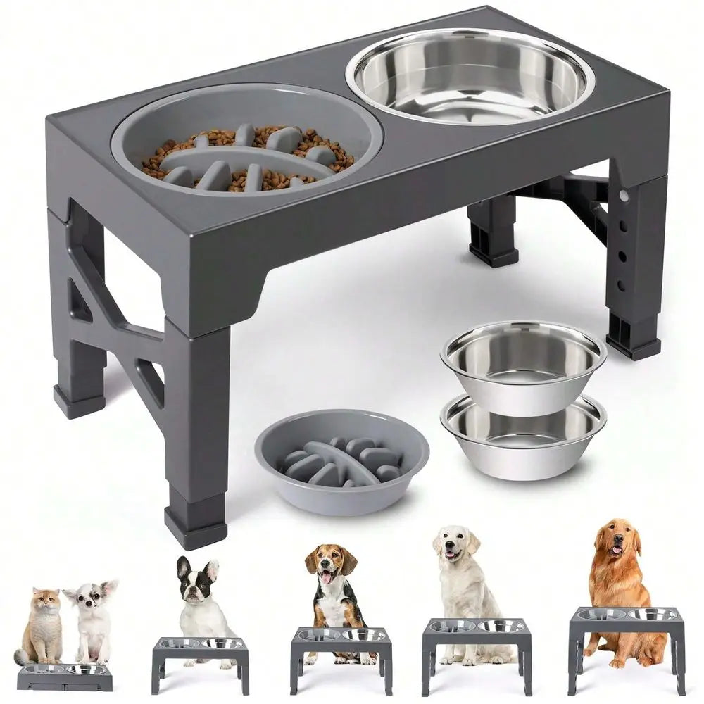 Dog Bowl Dog SuppliesDog Bowls, 5 Adjustable Heights Raised Dog Bowl Stand, With 2 Stainless Steel Dog Food Bowls And 1 Slow Fee