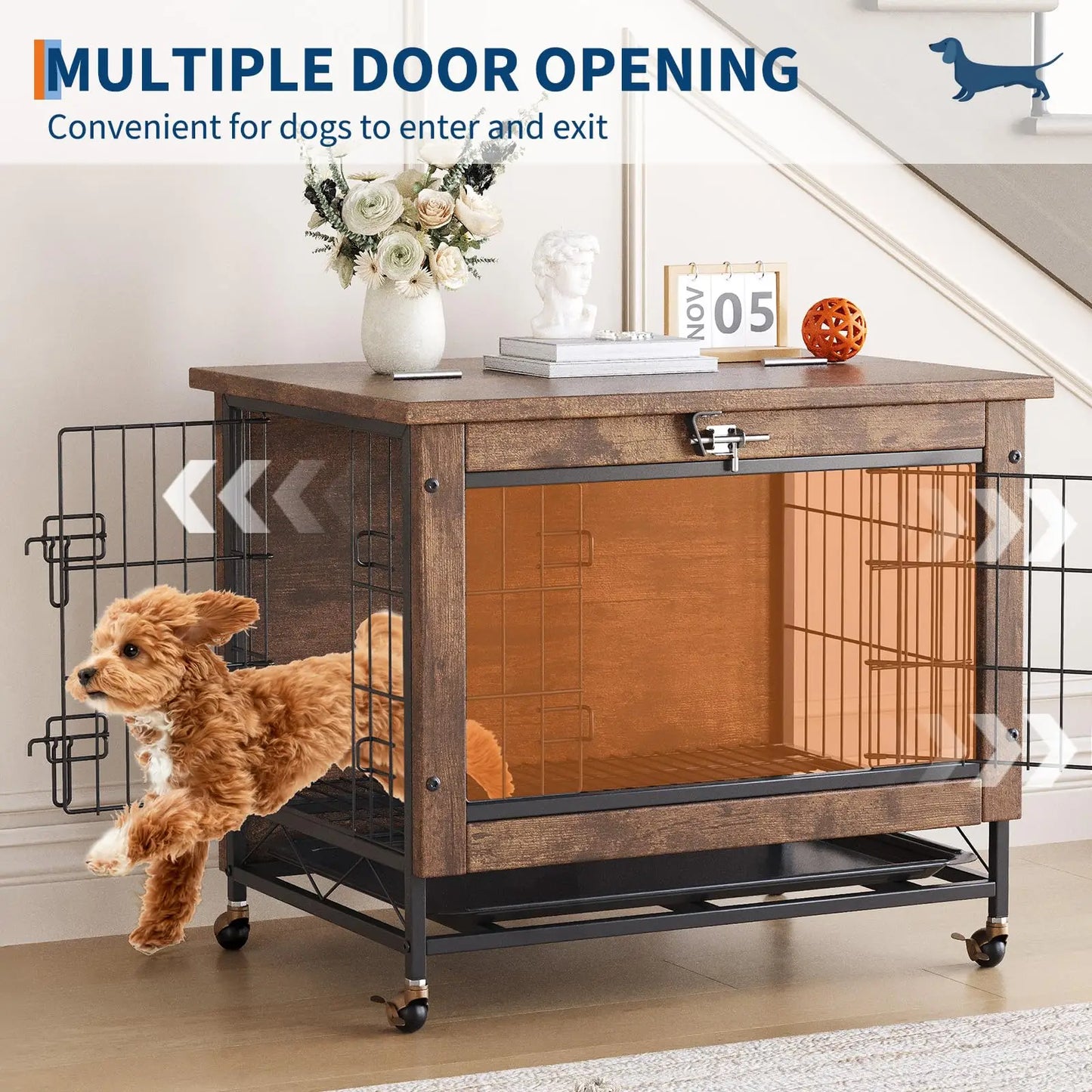 26" Double-Door Pet Cage With Wheels Wooden Dog House Side Table For Small Medium Dogs Chew-Resistant Crate With Pull-Out Tray