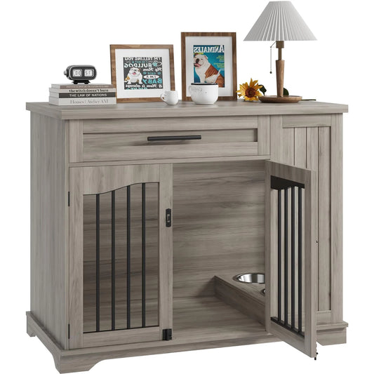 44 Inch Furniture Style Dog Crate Heavy Duty Wooden Dog Kennel With Drawer Side Storage & Built-in Feeding Station For Pets