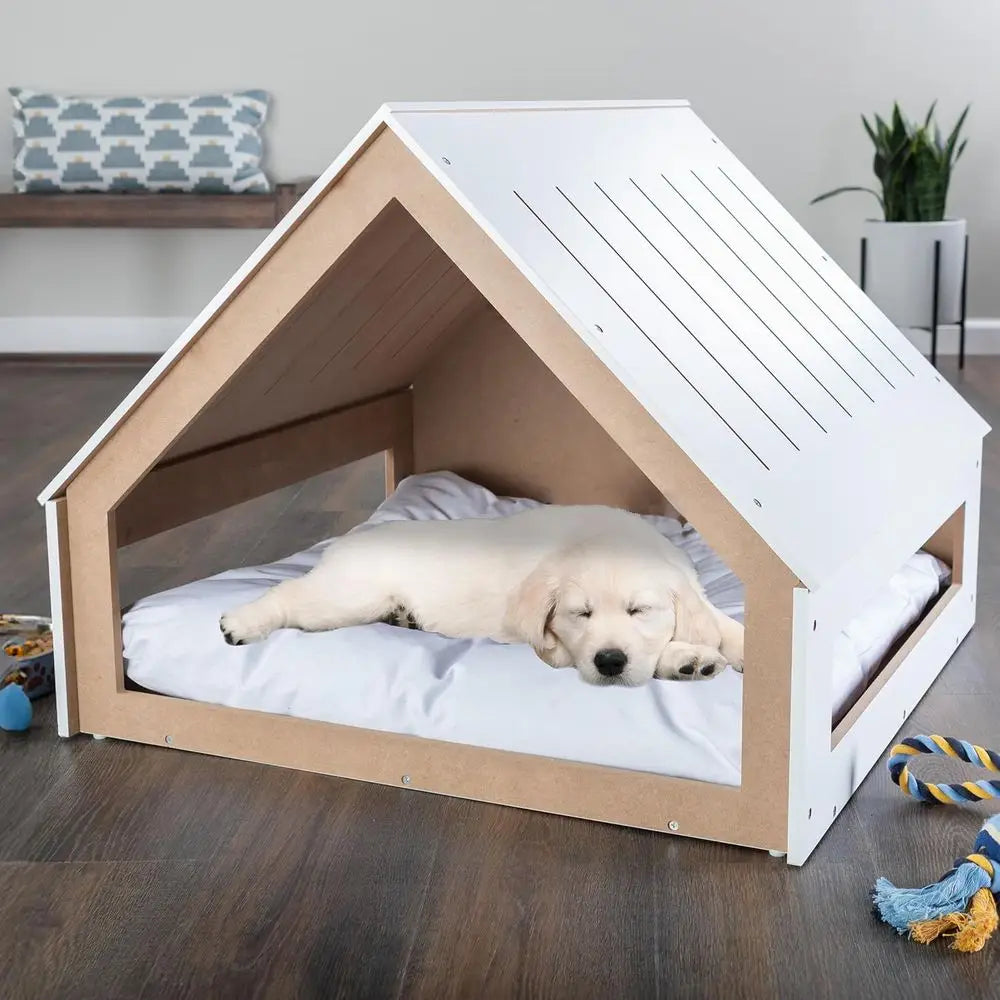 Indoor Dog House Bed - Wood Doghouse with Sot Cushion and Air Vents - 29.5x28x24in Dog urniture or Small to Medium Pets up to 80