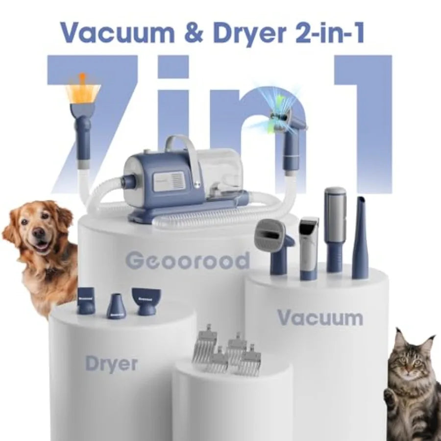7 in 1 Dog Grooming Vacuum and Dryer Kit with Clippers for Pet Hair Shedding Brush Remover Tools at Home Blue Grey
