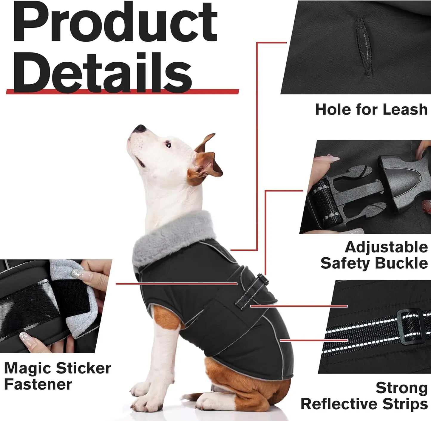 Reflective Waterproof Dog Jacket, Windproof Fleece Vest for Winter Cold Weather with Adjustable Buckle, Black Size M
