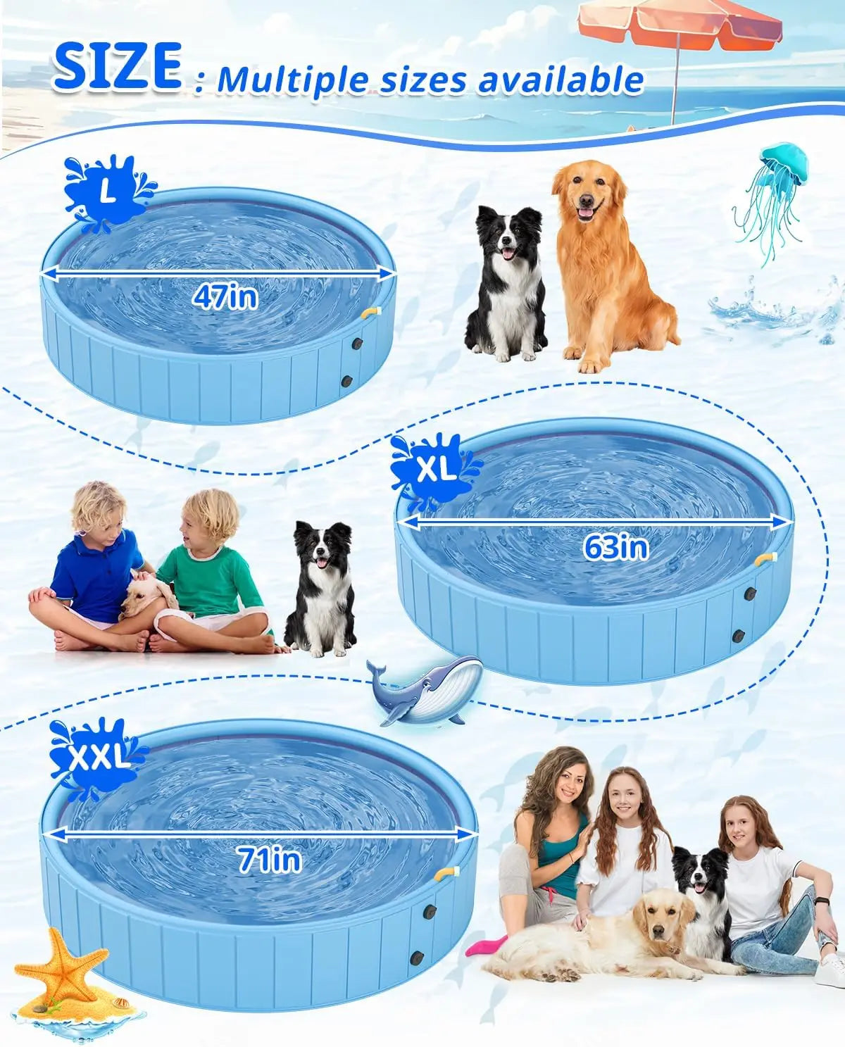 2-in-1 Sprinkler Pool for Kids and Large Dogs, Non-Slip Outdoor Backyard Swimming Pool 70" x 12"