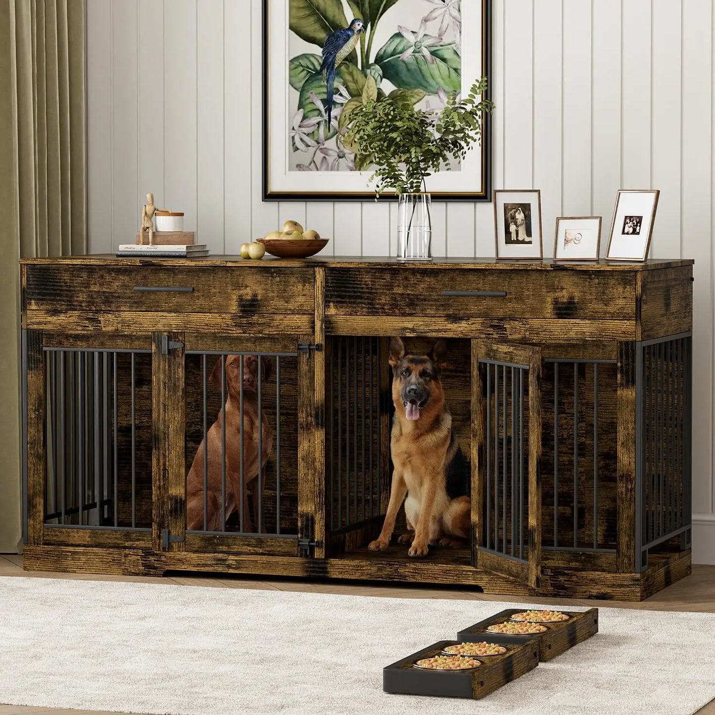 72" Double Dog Crate Furniture with Drawers & Bowls, Wooden Kennel Divider, Indoor Pet House TV Stand Medium Dogs, Custom