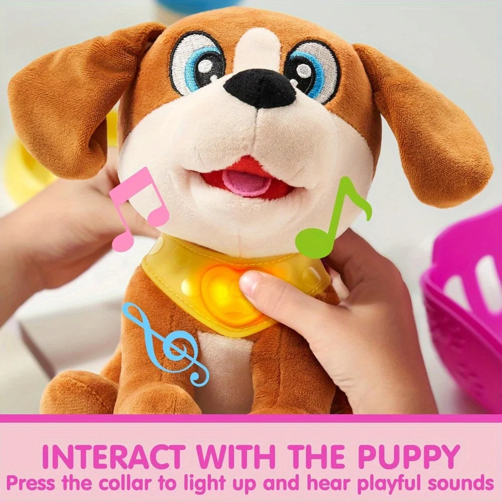 JOYFY Play Puppy Dog Toys with Carrier & Accessories Plush Dog with Interactive Button Lights Sounds or Kids Birthday Gifts