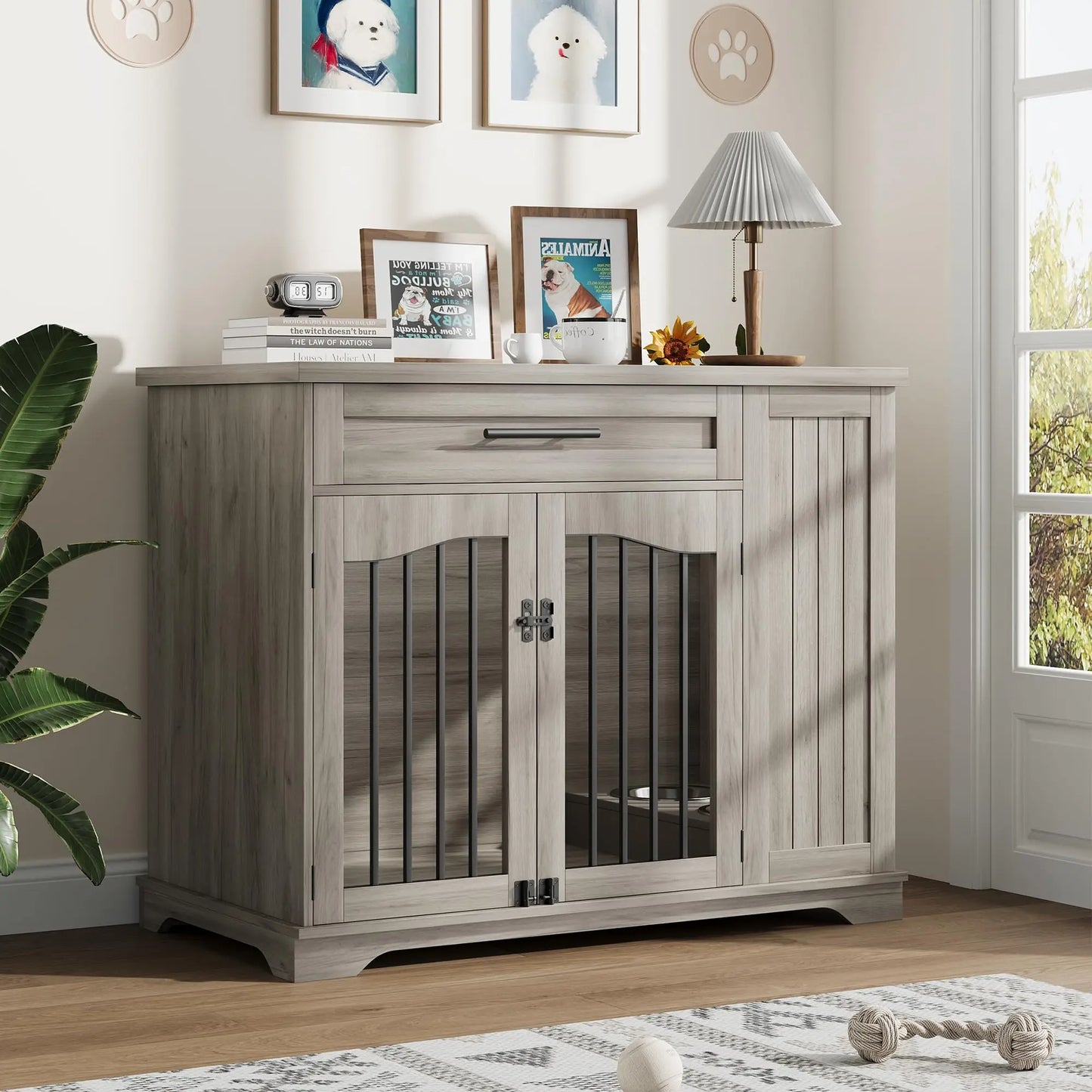 44 Inch Furniture Style Dog Crate Heavy Duty Wooden Dog Kennel With Drawer Side Storage & Built-in Feeding Station For Pets