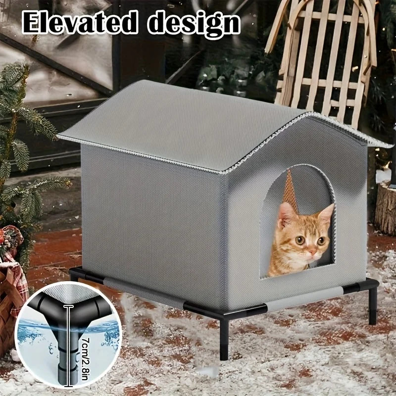 Outdoor Cat House with Stand Insulated Foam Shelter Fluffy Blankets Rainproof Winter Shelter Cave Beds for Small Dogs Kittens
