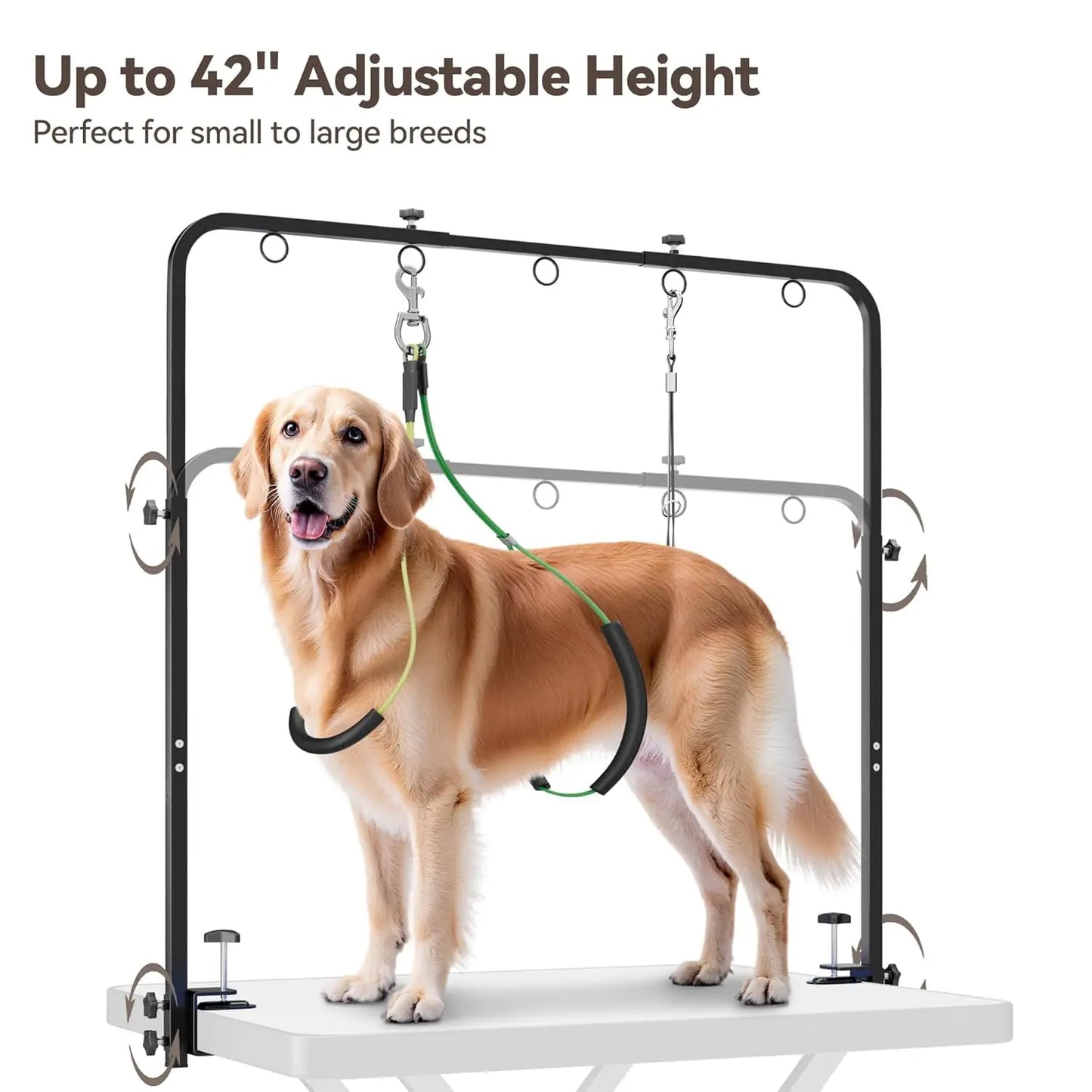 Adjustable Pet Grooming Arm for Table: 42" Height & 27"-39" Width, Clamp Fits Up to 2.76", Includes Hammock & Nooses