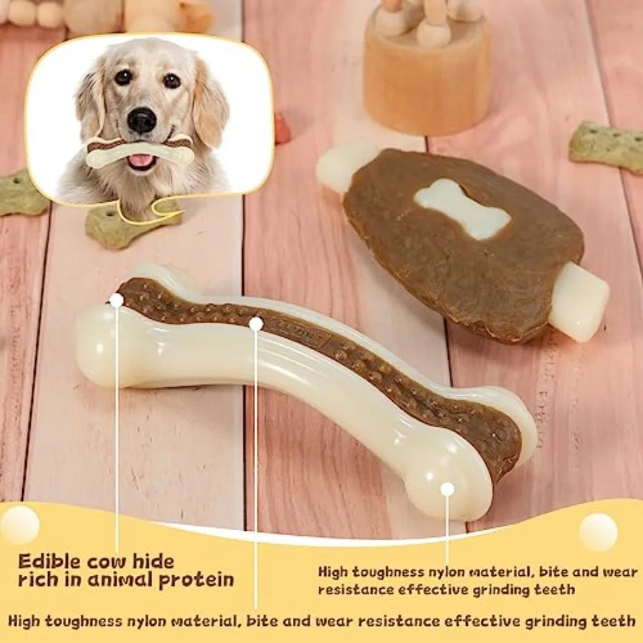 6 Pieces Chew Toys for Aggressive Chewers Real Beef Flavor Dog Teething Chew Bones for Breed Puppies Pet Toy with Durable Nylon