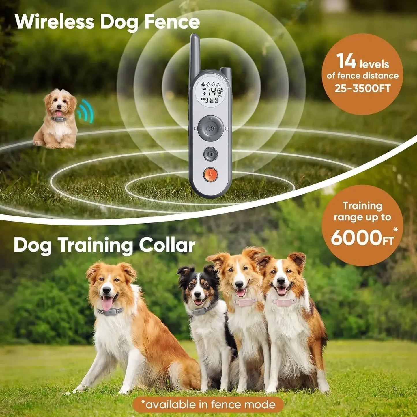 3500 Ft Wireless Dog Fence with 6100Ft Training Remote Collar, 185 Day Battery Rechargeable Electric Fence System, IPX7 Water Re