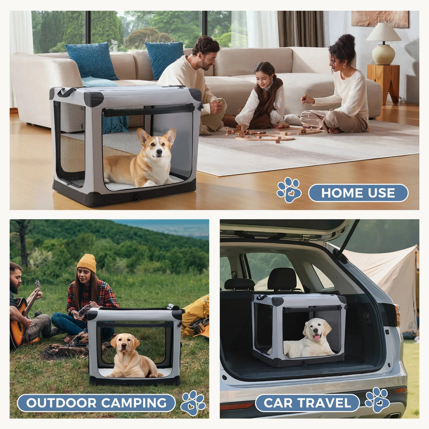 JHK 600D Oxford Fabric Foldable Soft Dog Crate Portable Pet Kennel with 3 Doors Use for Small to Extra Large Dogs Indoor