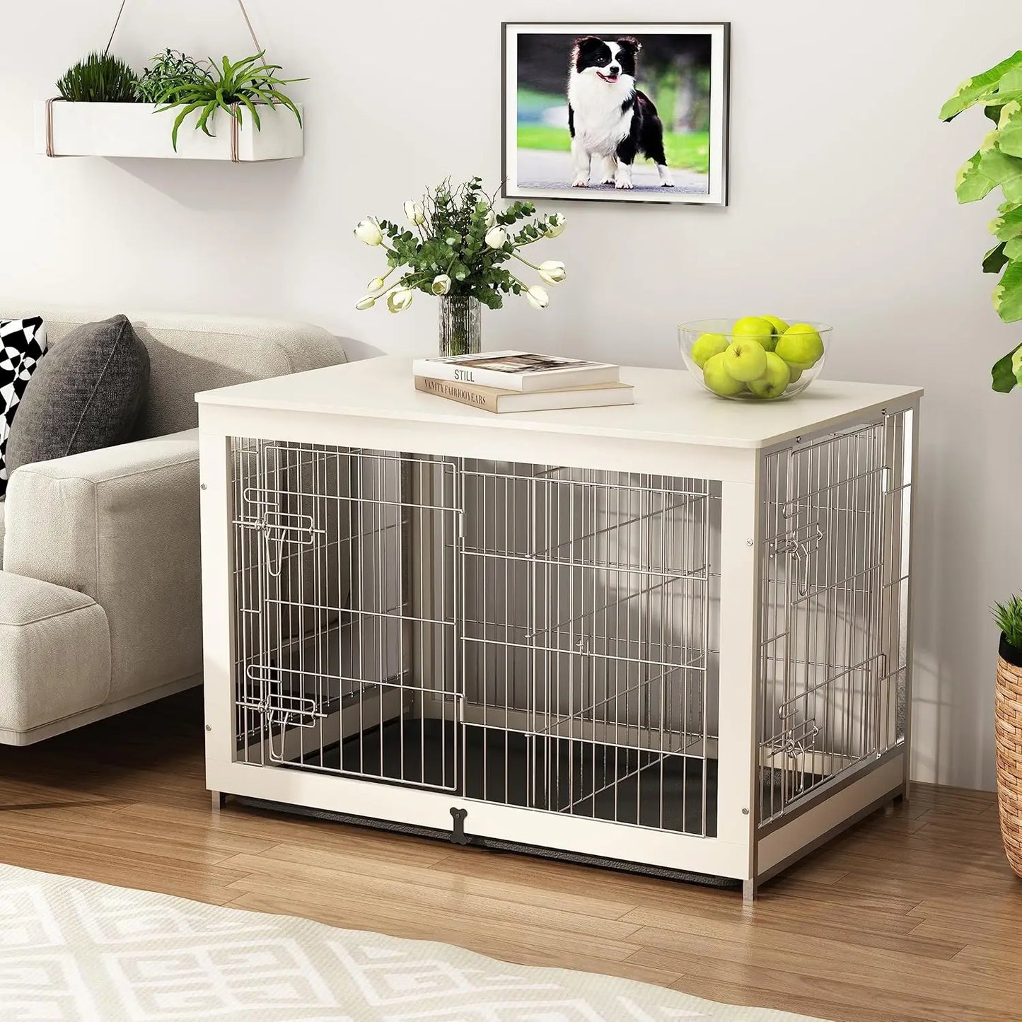 Wooden Dog Crate Furniture with Divider Panel, Double Doors End Table for Medium Dogs, Indoor Dog Kennel with Removable Tray,