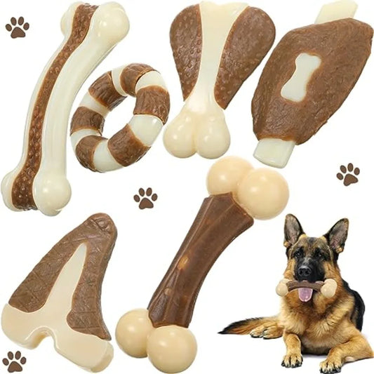 6 Pieces Chew Toys for Aggressive Chewers Real Beef Flavor Dog Teething Chew Bones for Breed Puppies Pet Toy with Durable Nylon