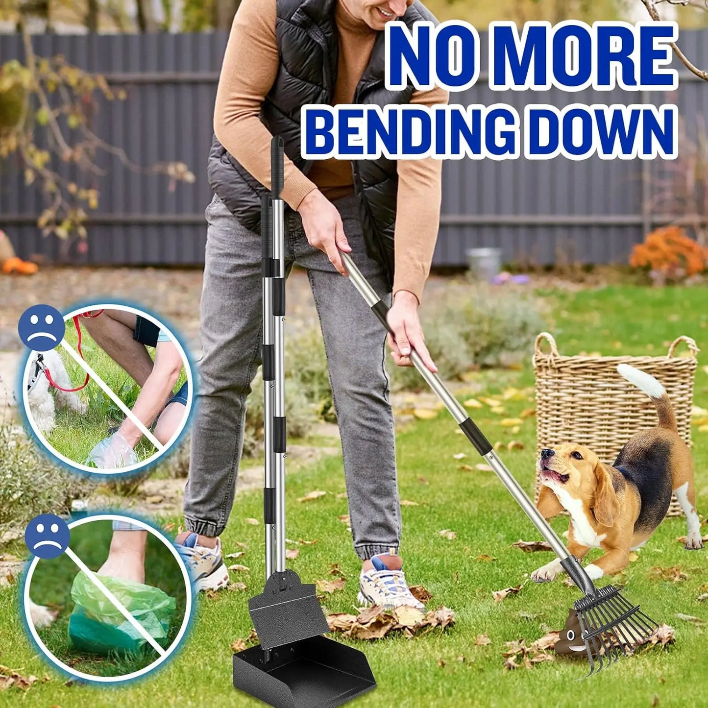 Adjustable Long Handle Dog Poop Scooper Set with Tray, Rake, Spade - Easy Waste Cleanup for Large & Small Dogs