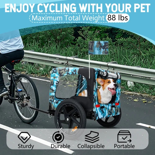 Heavy duty foldable pet bike trailer with 16 inch all terrain wheels and universal hooks, blue+black