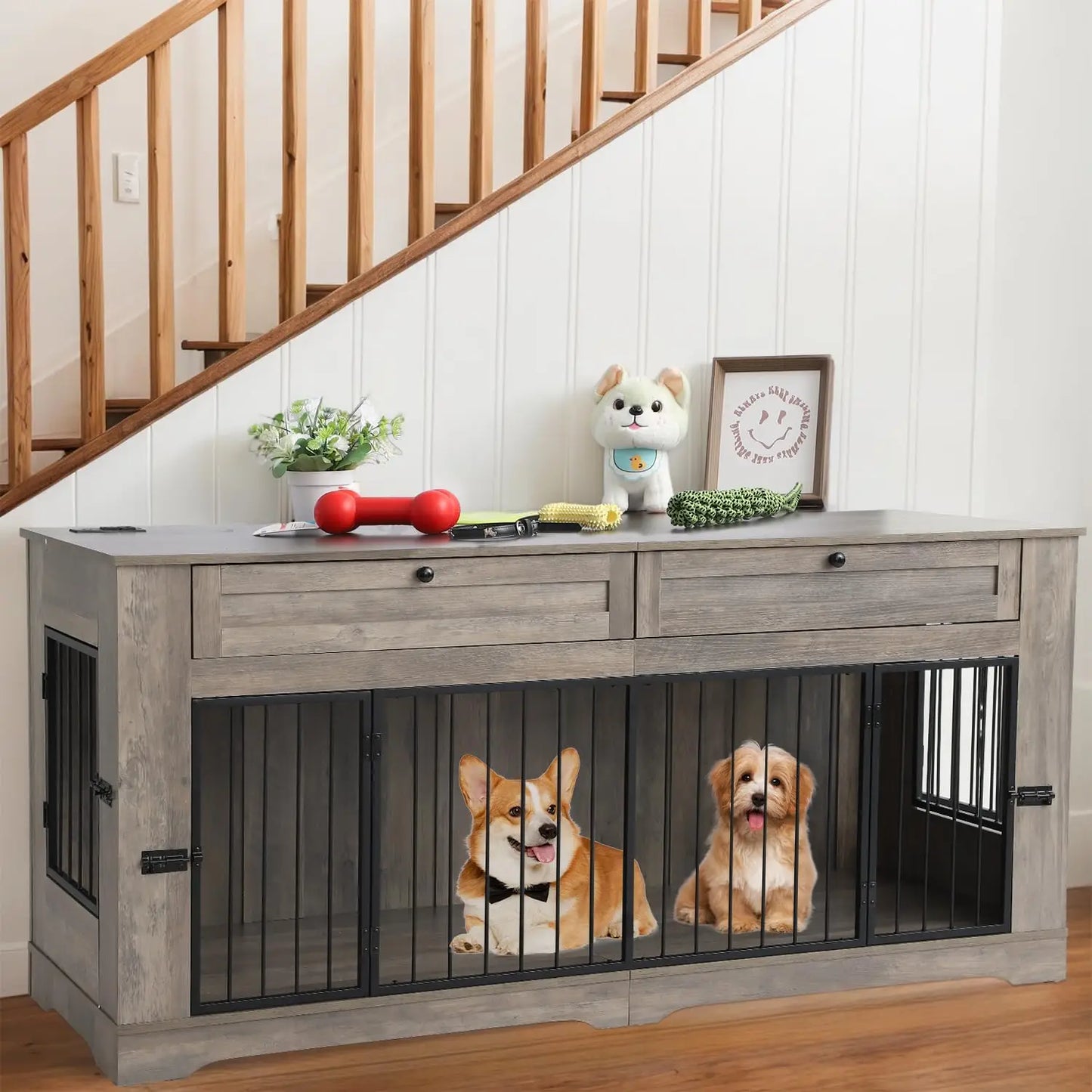 Large Heavy Duty Wooden Dog Crate Furniture End Table with Charging Station & Drawers for Indoor Pet House, 70.86'', Custom