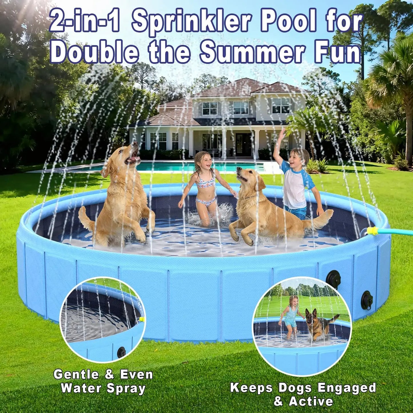 Foldable Dog Pool with Sprinkler, 106" Extra Large Non-Slip Swimming Pool for Dogs, 2-in-1 Outdoor Pet Bathing Tub with Drain Plug
