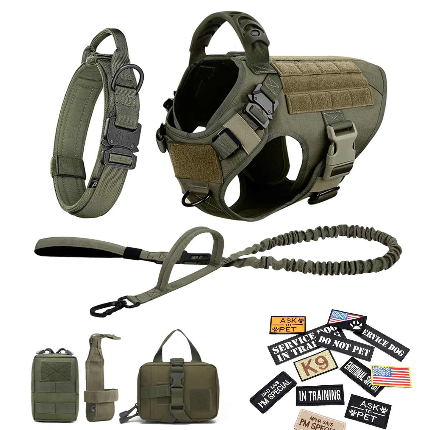 Military Large Dog Harness Collar Leash Bags Patches Set Pet Malinois Training Vests Tactical Dogs Harnesses Accessories